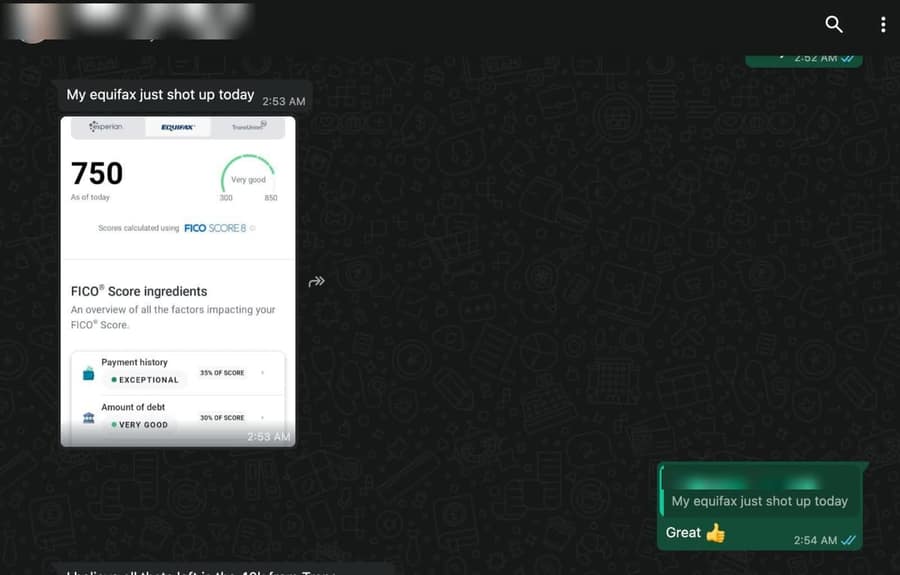 Client message sharing an Equifax FICO score of 750