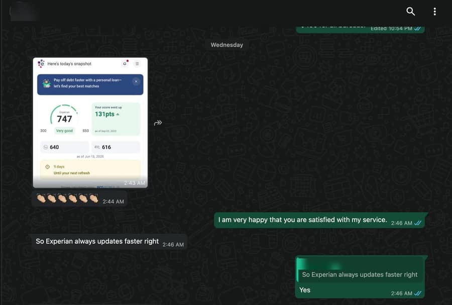 Experian dashboard showing a score of 747, up 131 points