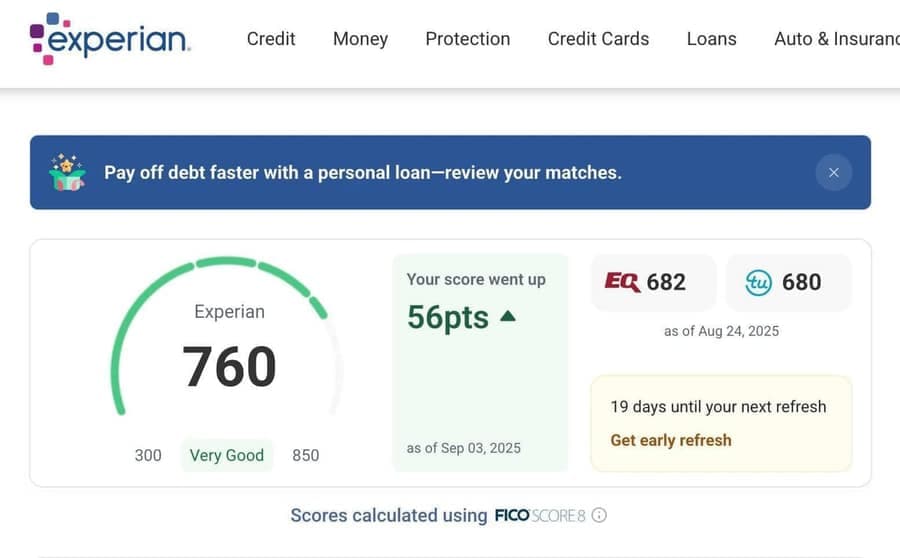 Experian dashboard showing a score of 760, up 56 points