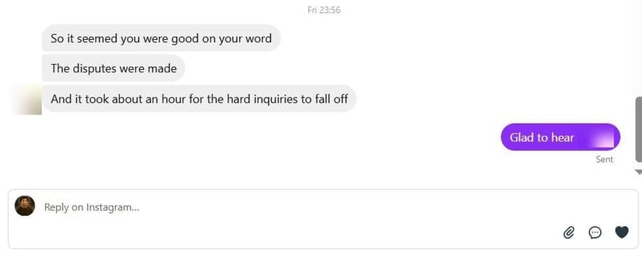 Client message confirming hard inquiries fell off their report
